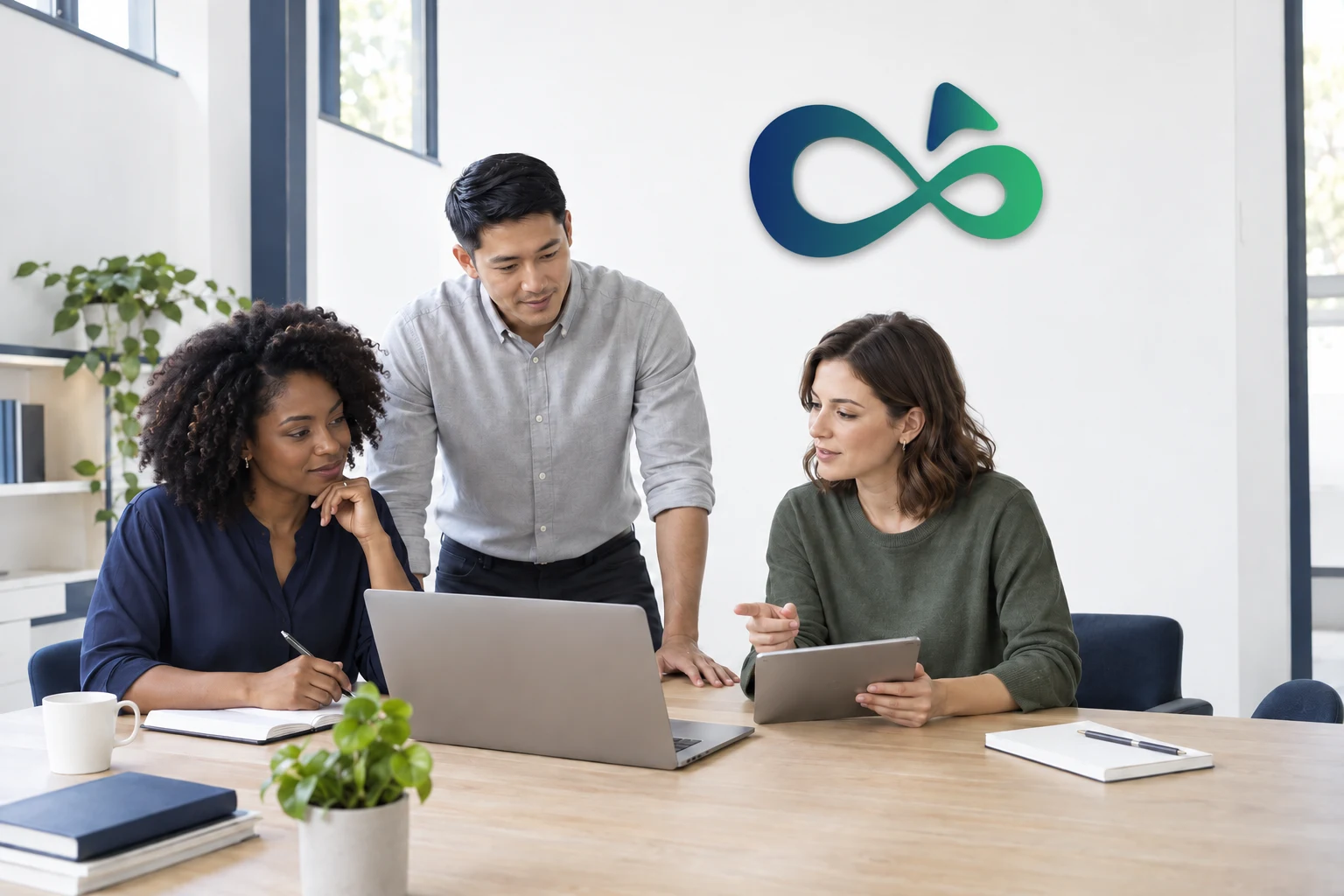 Illustrative scene of three professionals collaborating in an Apptechhub workspace